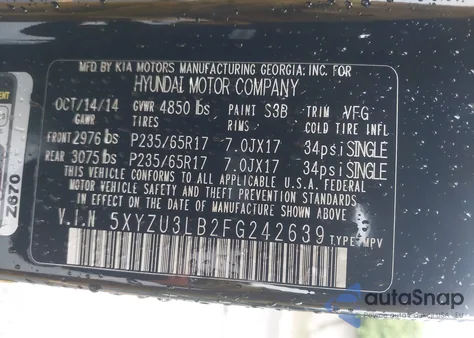 2015 Hyundai Santa Fe Sport 2.4L из США, поврежденный, VIN 5XYZU3LB2FG242639